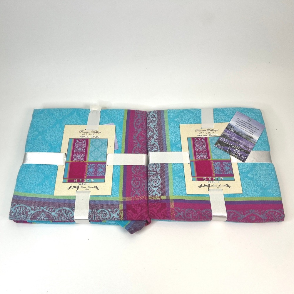 STOF France Provence Dish‎ Towel Set of 6 Cotton Blue Pink Floral Laura Lancelle